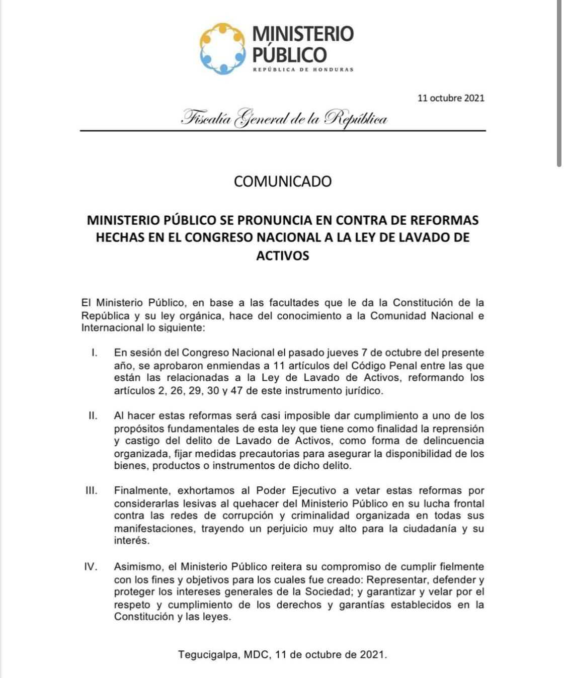 Ministerio Público se pronunció con la derogación de los pactos de impunidad aprobados en congresos anteriores
